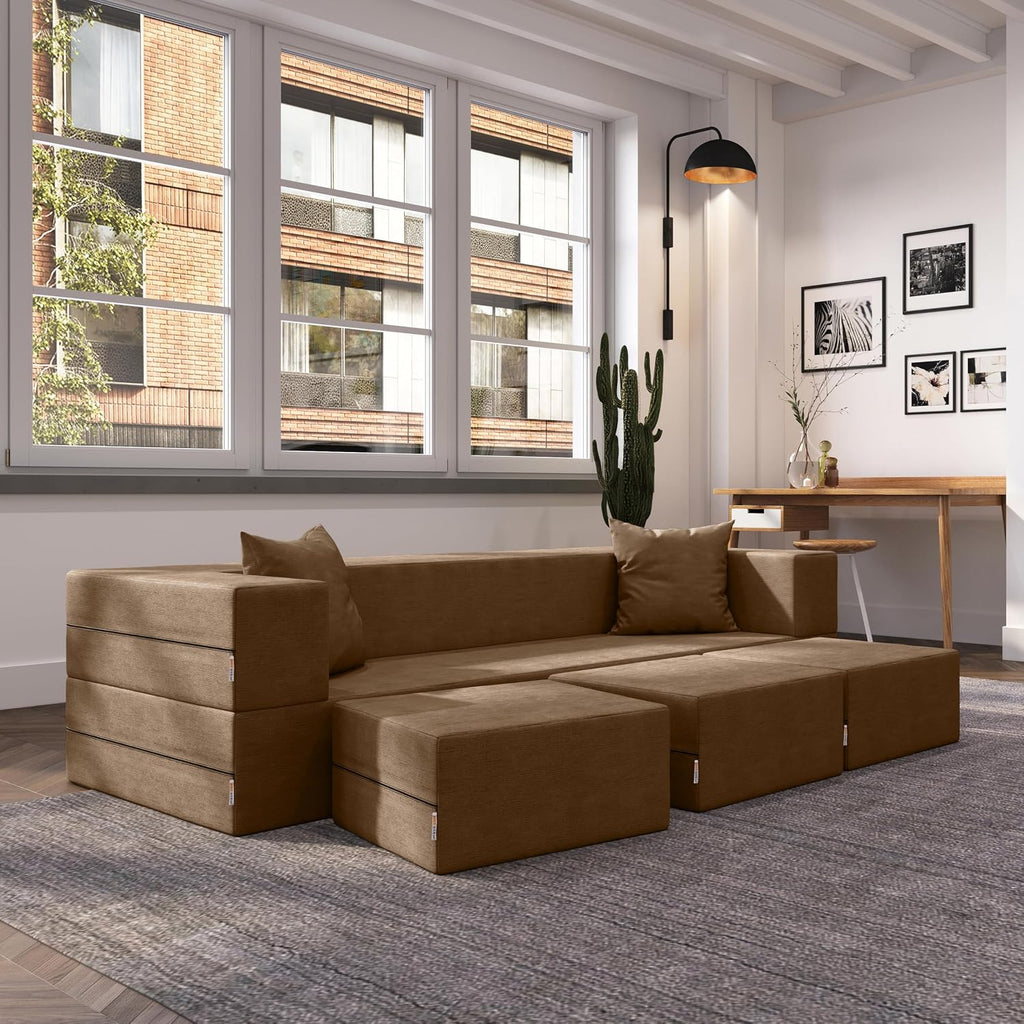 Jaxx Zipline Convertible Sleeper Sofa & Three Ottomans/California King-Size Bed, Textured Microvelvet - Toffee