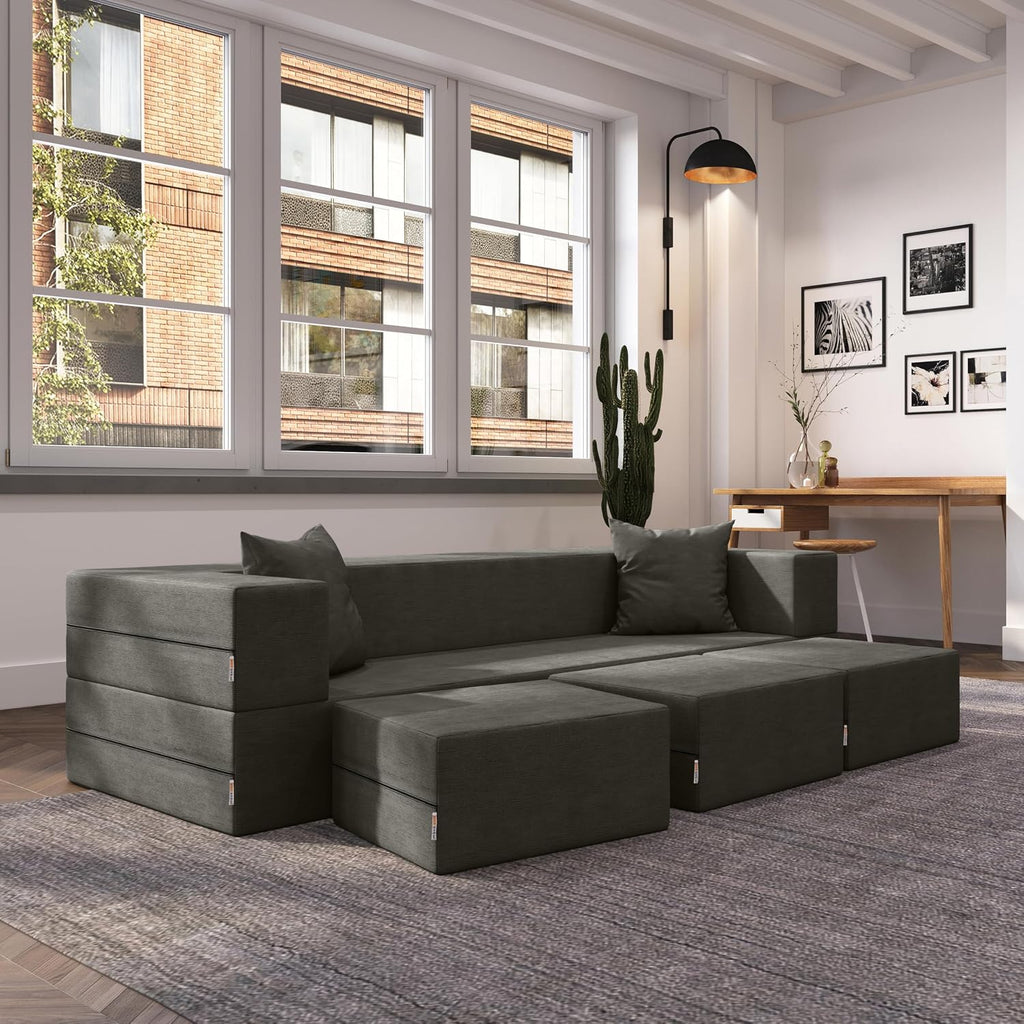 Jaxx Zipline Convertible Sleeper Sofa & Three Ottomans/California King-Size Bed, Textured Microvelvet - Charcoal