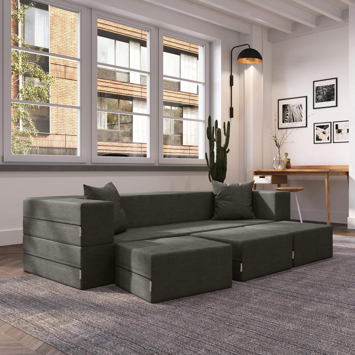 Jaxx Zipline Convertible Sleeper Sofa & Three Ottomans/California King-Size Bed, Textured Microvelvet - Charcoal