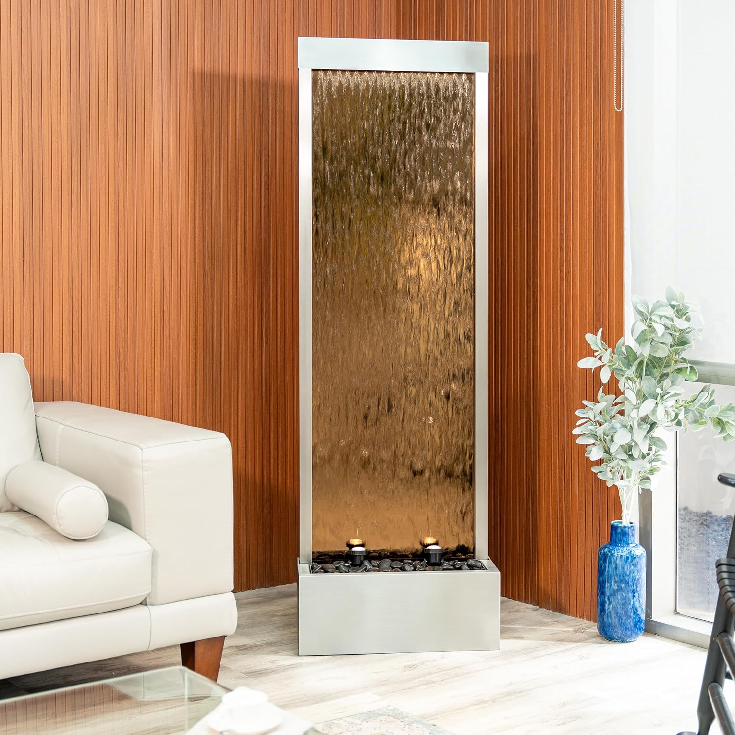 Xbrand Fountain 68' Freestanding Modern Indoor/Outdoor Waterfall Fountain w/Decorative Rocks, LED Lights & Auto-Shut Off Pump, Silver Frame and Brown Glass