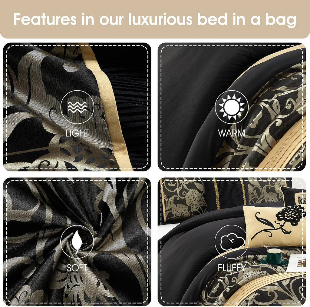 Stratford Park Jacquard 7-Piece Comforter Bedding Set, Black, Bed Size King, Floral Bedding Set, Matching Bedskirt, Pillows & Shams