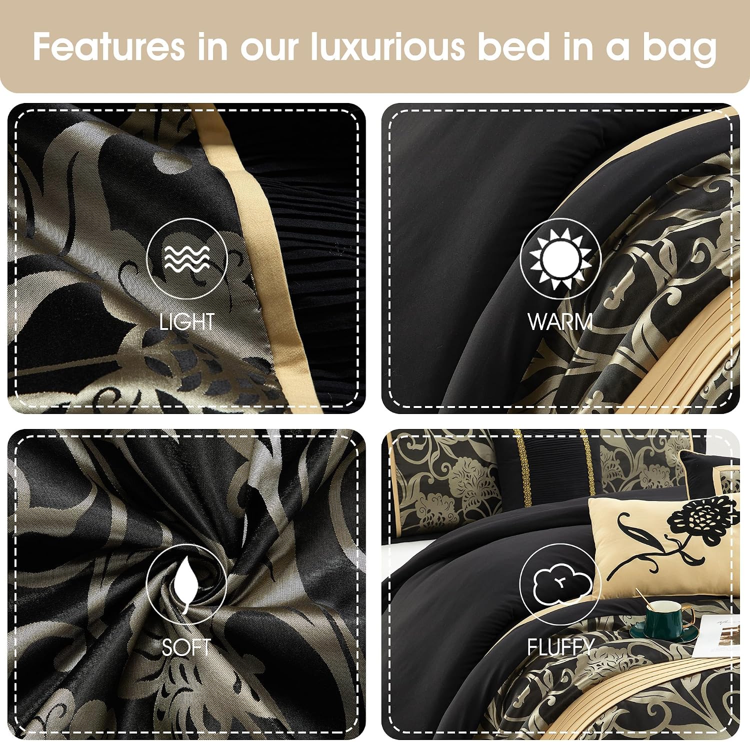 Stratford Park Jacquard 7-Piece Comforter Bedding Set, Black, Bed Size King, Floral Bedding Set, Matching Bedskirt, Pillows & Shams