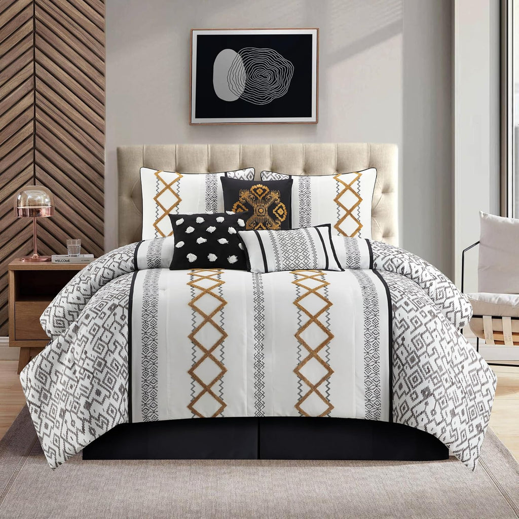 Grand Avenue Black Gold Comforter Set California King Size, 7 Piece Terry Embroidery All Season Bedding Set, Bedskirt, Pillows & Shams