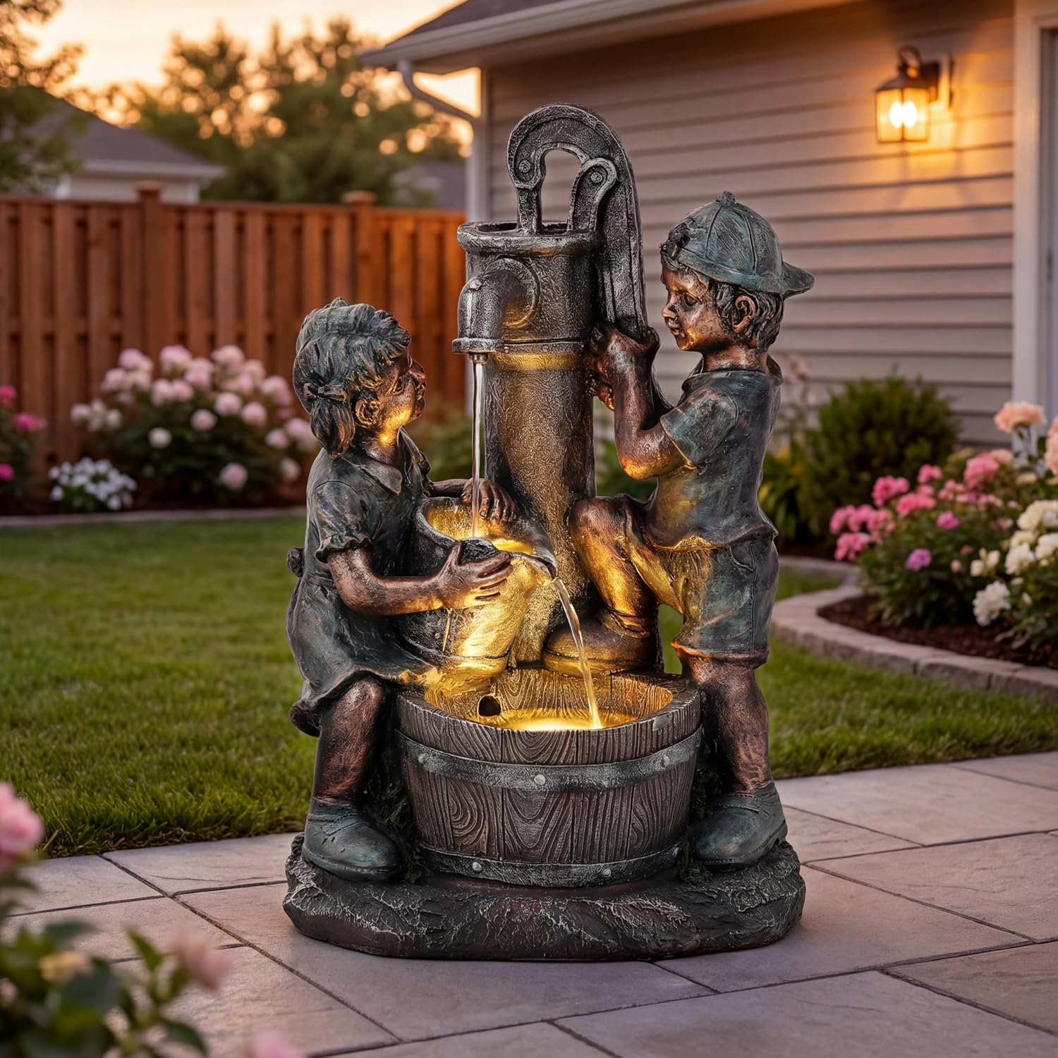26' Outdoor Fountain, 3-Tier Boy-Girl Playing with Faucet Water Feature with LED Lights, Antique Resin Soothing Cascading Waterfall for Patio, Backyard, Garden or Porch