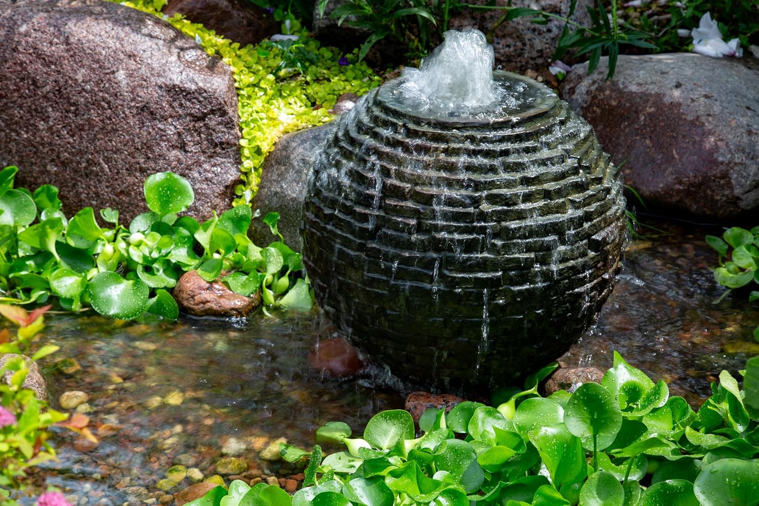 Aquascape Stacked Slate Sphere Fountain, 18 Inch Diameter 46 cm, Lightweight Fiber-Resin Composite Decorative Water Feature, Includes Tubing for Easy Setup, 78358