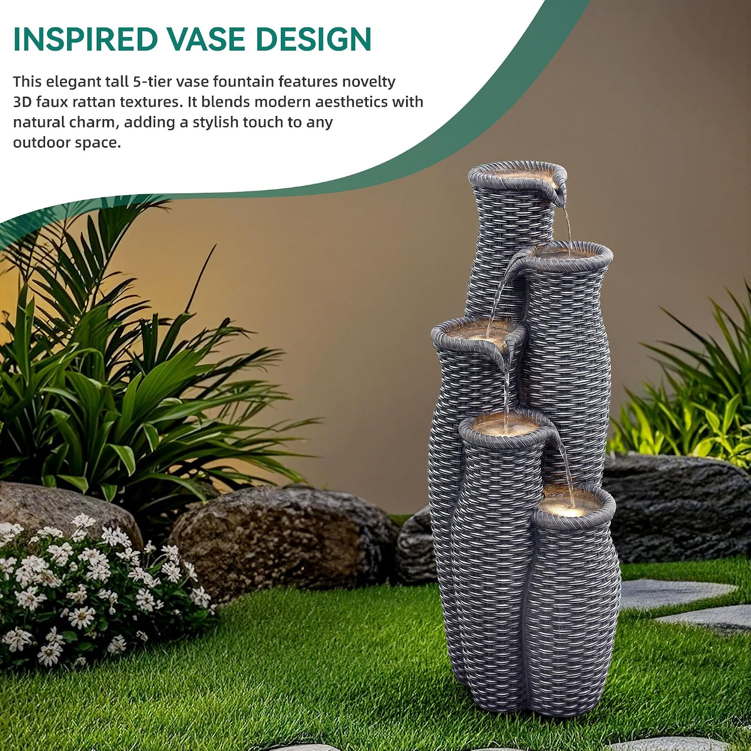 Outdoor Water Fountain with Lights, 5-Tier Faux Rattan Vase Waterfall, Textured Gray Polyresin Cascading Waterfall Feature with Soothing White Noise for Garden, Patio, Yard, or Porch
