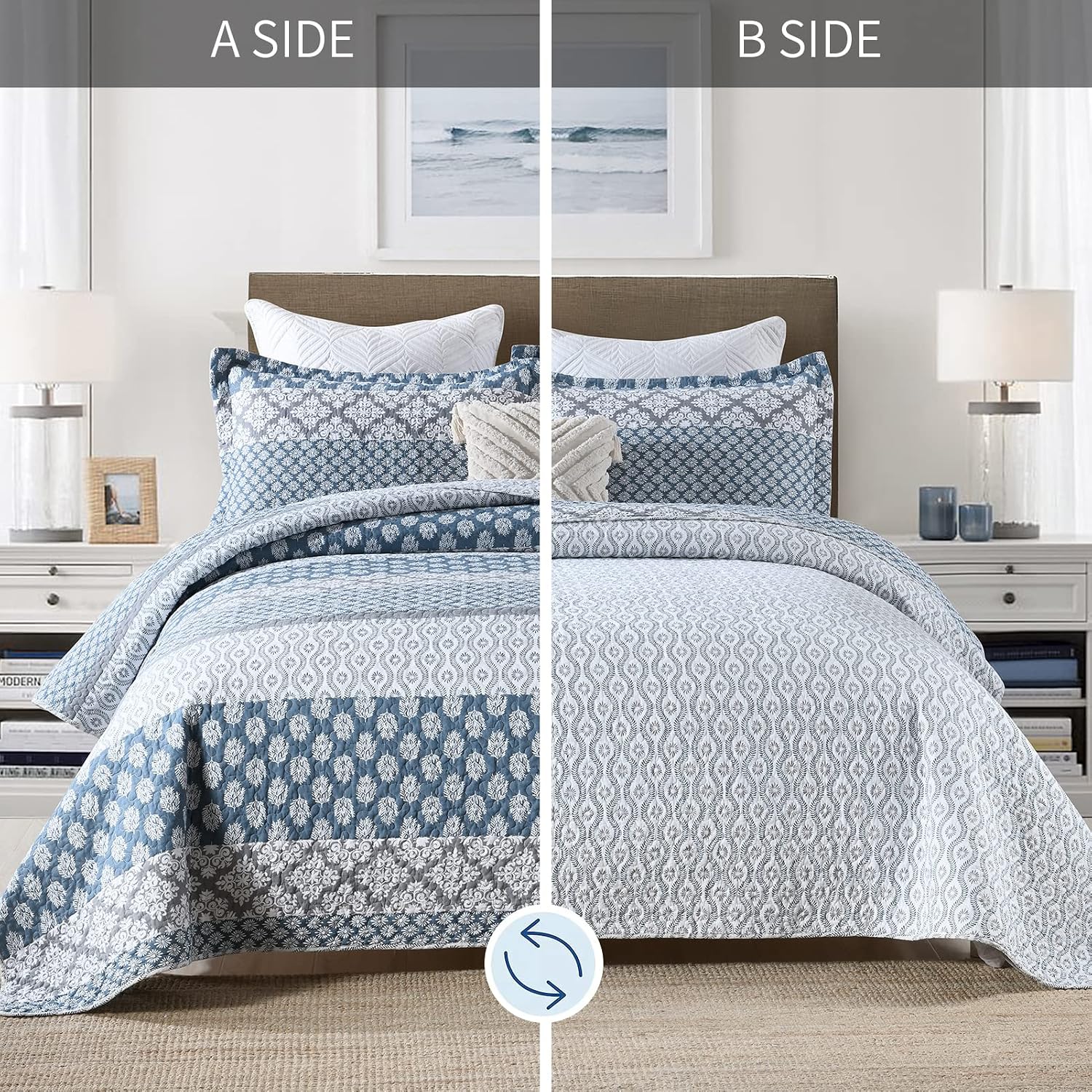PERHOM Quilt King Size - 100% Long-Staple Cotton Lightweight King Quilt Set, Blue Gray Striped Bedding Set for King Bed, Farmhouse Floral Patchwork Reversible Bedspreads All Seasons, 3 Pieces