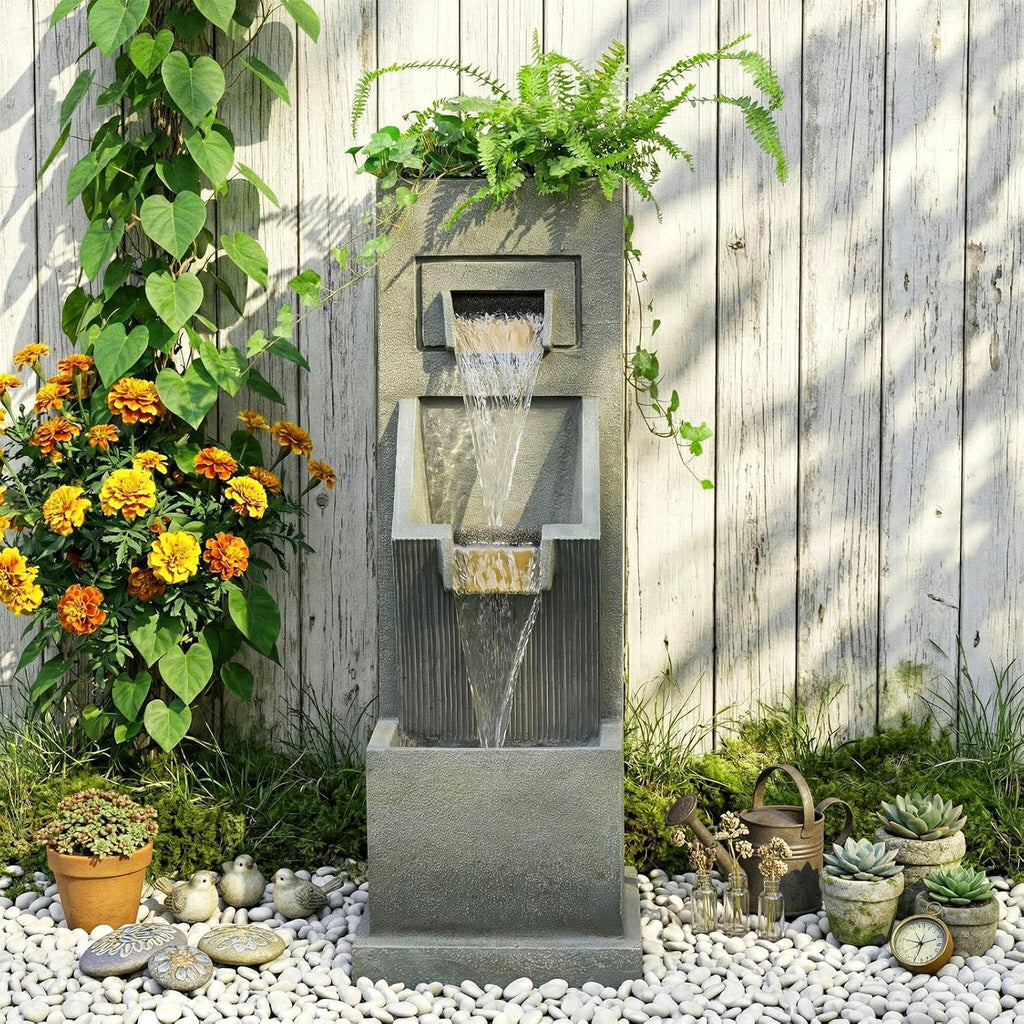 Sunlinua 35H Modern Outdoor Water Fountain with 3-Tiers Cascading Waterfall Feature for Indoor or Outdoor Cascading Waterfall for Relaxing Garden Patio Backyard Deck Porch or Home Décor