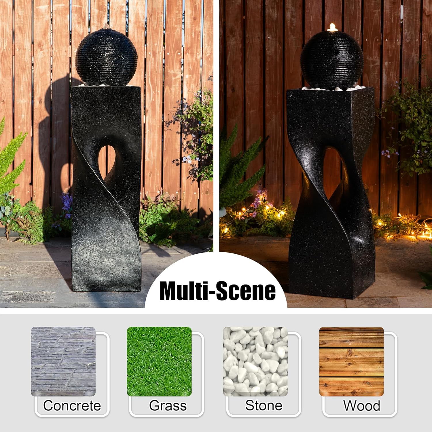 Glitzhome Water Fountain Outdoor, Outdoor Fountain with Lights, 40.5' H Modern Large Geometric Pedestal and Sphere Polyresin Outdoor Water Feature with Pump for Garden, Patio, Backyard, Porch (Black)