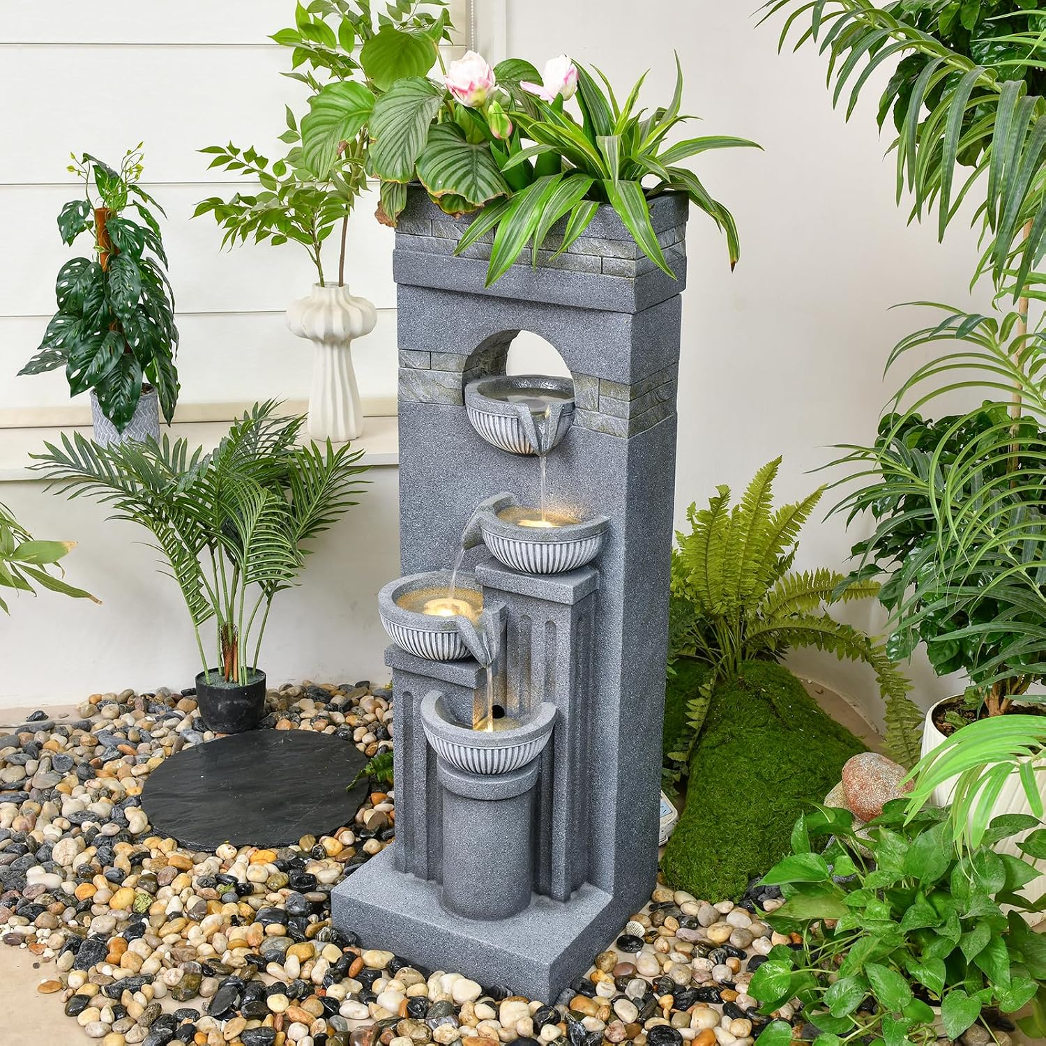 42.52' Outdoor Garden Water Fountain with Lights Floor-Standing 4 Tiers Cascading Large Waterfall Fountain for Patio, Backyard, Deck, Porch and Home Art Decor