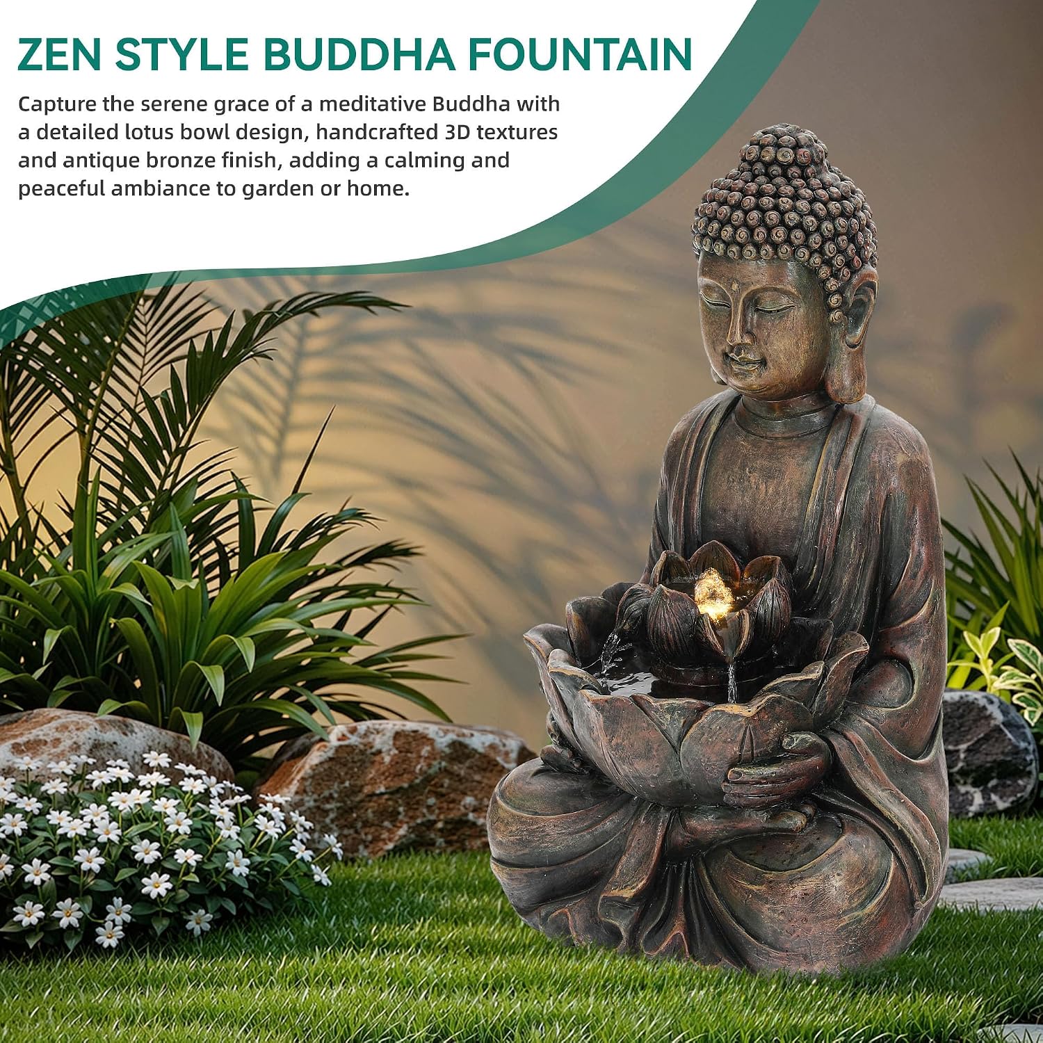 29' Outdoor Fountain, Zen Meditating Buddha Water Feature with LED Lights, Resin Lotus Soothing Cascading Waterfall for Patio, Backyard, Garden or Porch