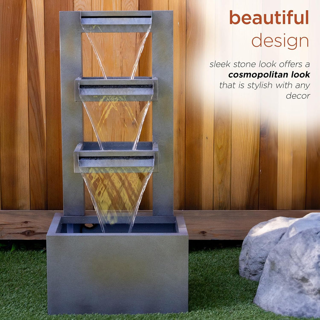Alpine Corporation 43' Tall Multi-Tier Waterfall Fountain - Industrial Style Water Feature for Garden, Patio, Yard, Backyard, Relaxing Water Flow, and Serene Landscaping, Gray