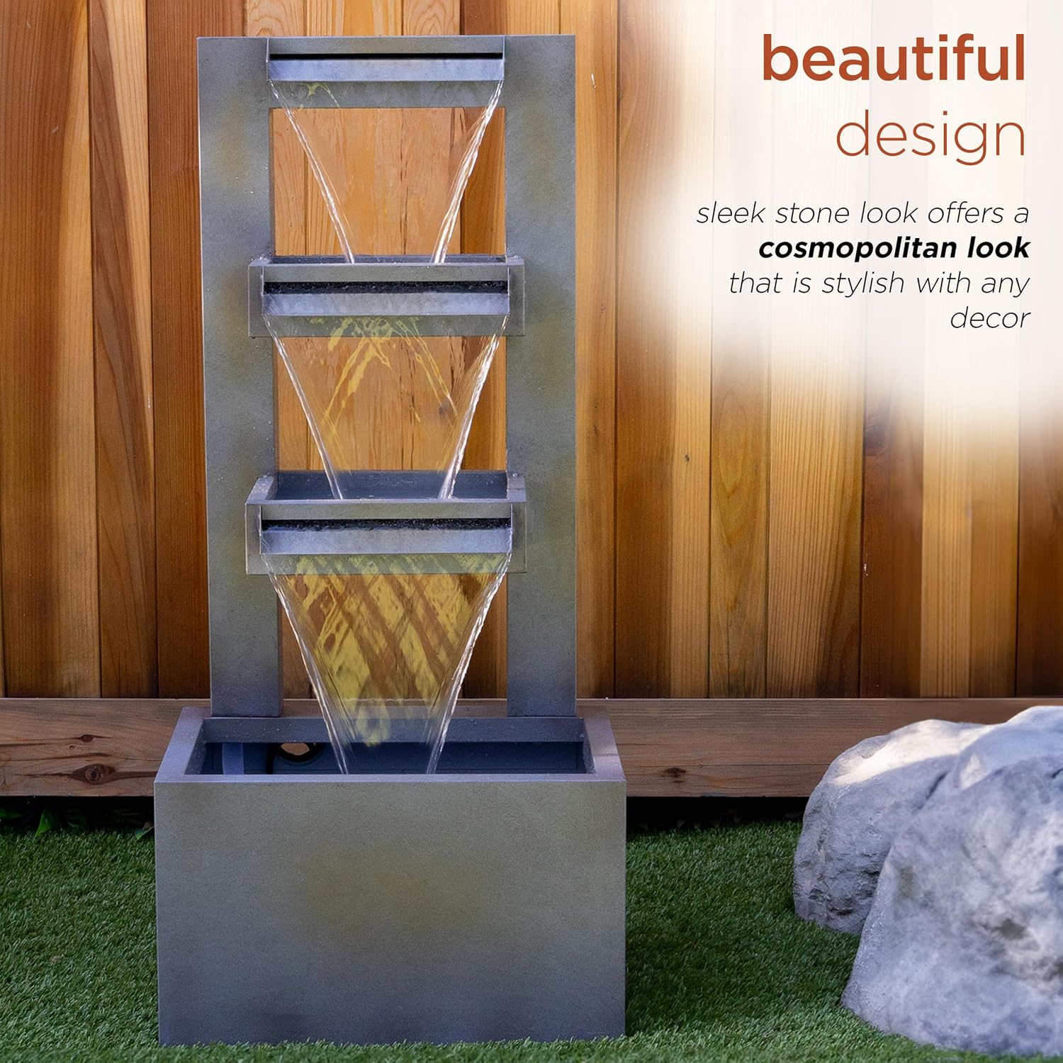 Alpine Corporation 43' Tall Multi-Tier Waterfall Fountain - Industrial Style Water Feature for Garden, Patio, Yard, Backyard, Relaxing Water Flow, and Serene Landscaping, Gray