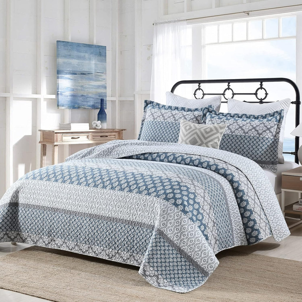 PERHOM Quilt King Size - 100% Long-Staple Cotton Lightweight King Quilt Set, Blue Gray Striped Bedding Set for King Bed, Farmhouse Floral Patchwork Reversible Bedspreads All Seasons, 3 Pieces
