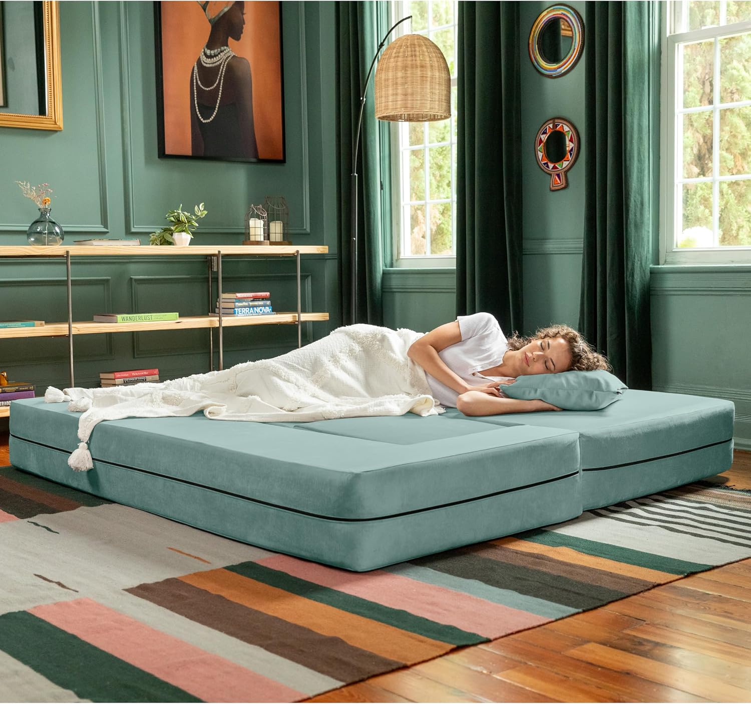 Jaxx Zipline Convertible Sleeper Sofa & Three Ottomans/California King-Size Bed, Textured Microvelvet - Caribbean