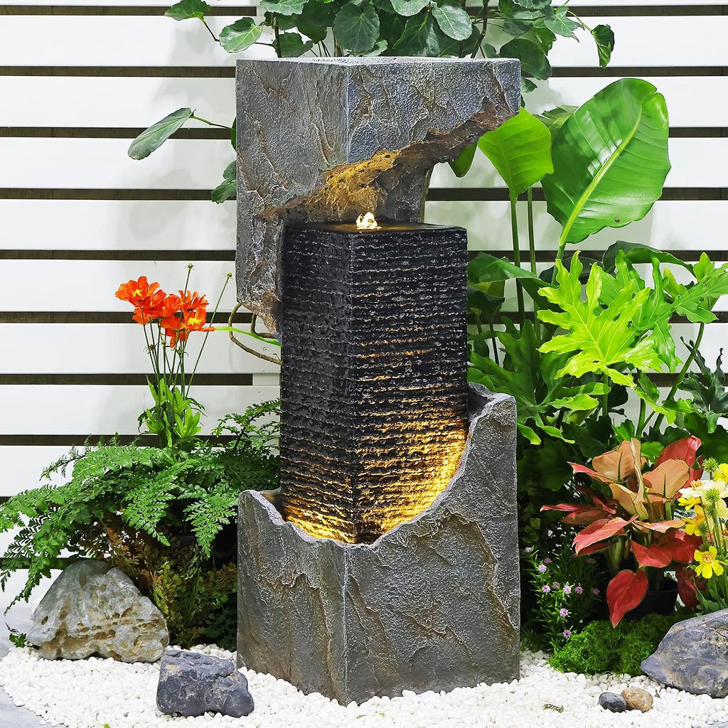 35.4' H Water Fall Fountains Indoor Waterfall Fountain Outdoor with LED Lights Floor-Standing for Outside Garden, Patio, Backyard, Deck Decor, Pool, Porch, Landscaping, Balconies