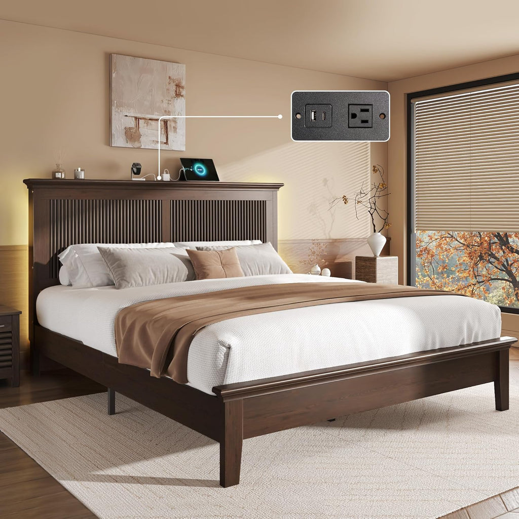 Lifezone Wood Queen Bed, Solid Wood Bed With Tall Headboard, American Vintage Design, Queen Bed With Charging Station & RGB LED, Wood Slats Support, Noise-Free, Sturdy Structure, Easy Assembly, Walnut