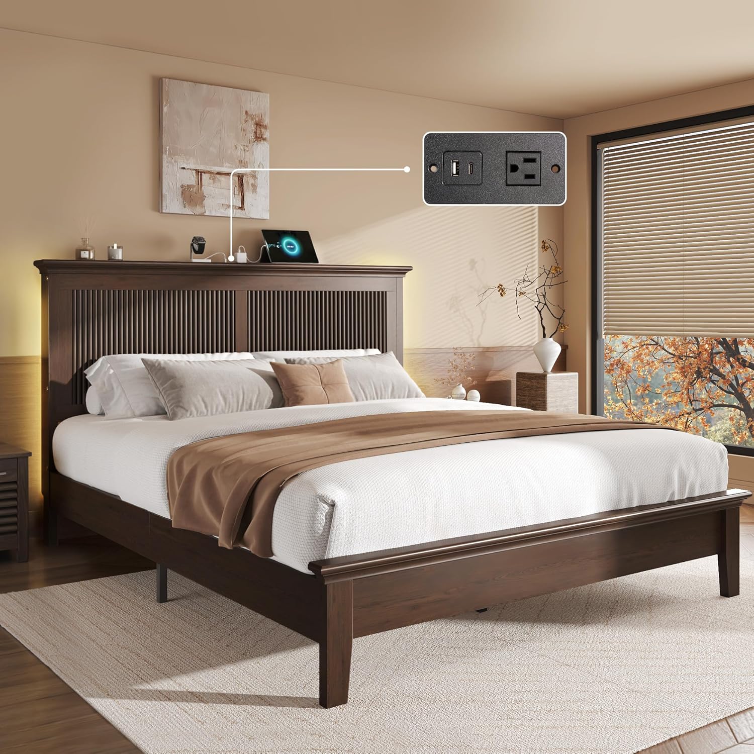 Lifezone Wood Queen Bed, Solid Wood Bed With Tall Headboard, American Vintage Design, Queen Bed With Charging Station & RGB LED, Wood Slats Support, Noise-Free, Sturdy Structure, Easy Assembly, Walnut