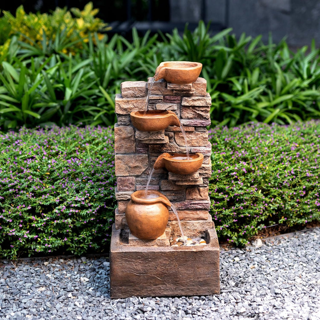 Teamson Home 28.5' Outdoor 4-Tier Stacked Stone Cascading Water Fountain with LED Lights, Brown