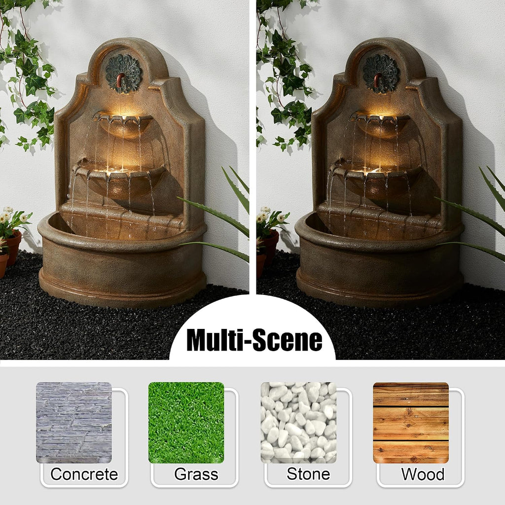 Glitzhome 37.25' H Outdoor Garden Water Fountain with LED Lights and Pump, Oversized Antique European Style 3-Tier Polyresin Cascading Floor-Standing Fountain for Porch Deck Patio Backyard Decoration