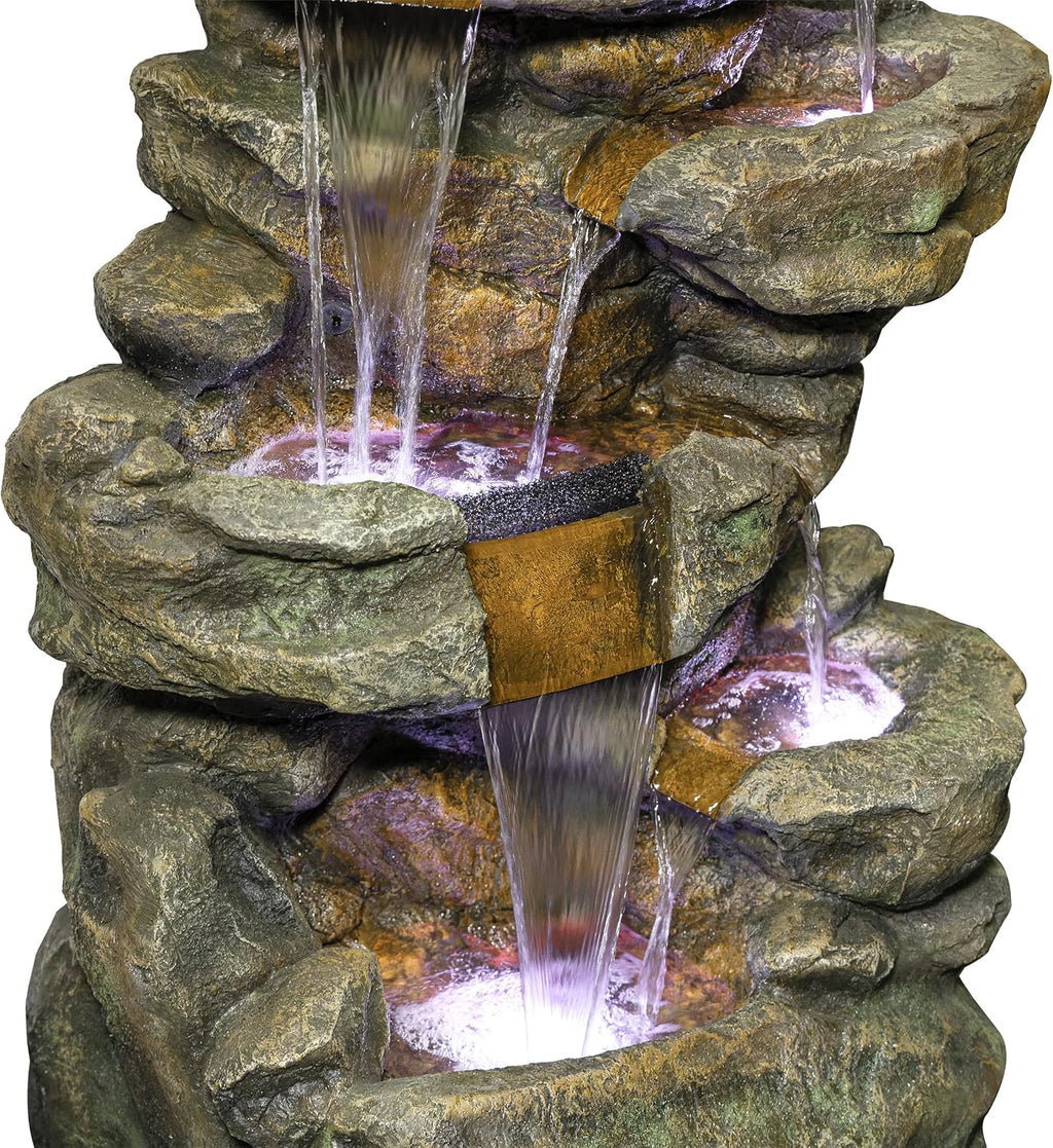 Alpine Corporation 51' Tall 6-Tier Outdoor Rainforest Waterfall Floor Fountain, Weather-Resistant Design with Color-Changing LED Lights & Remote Control, Gray