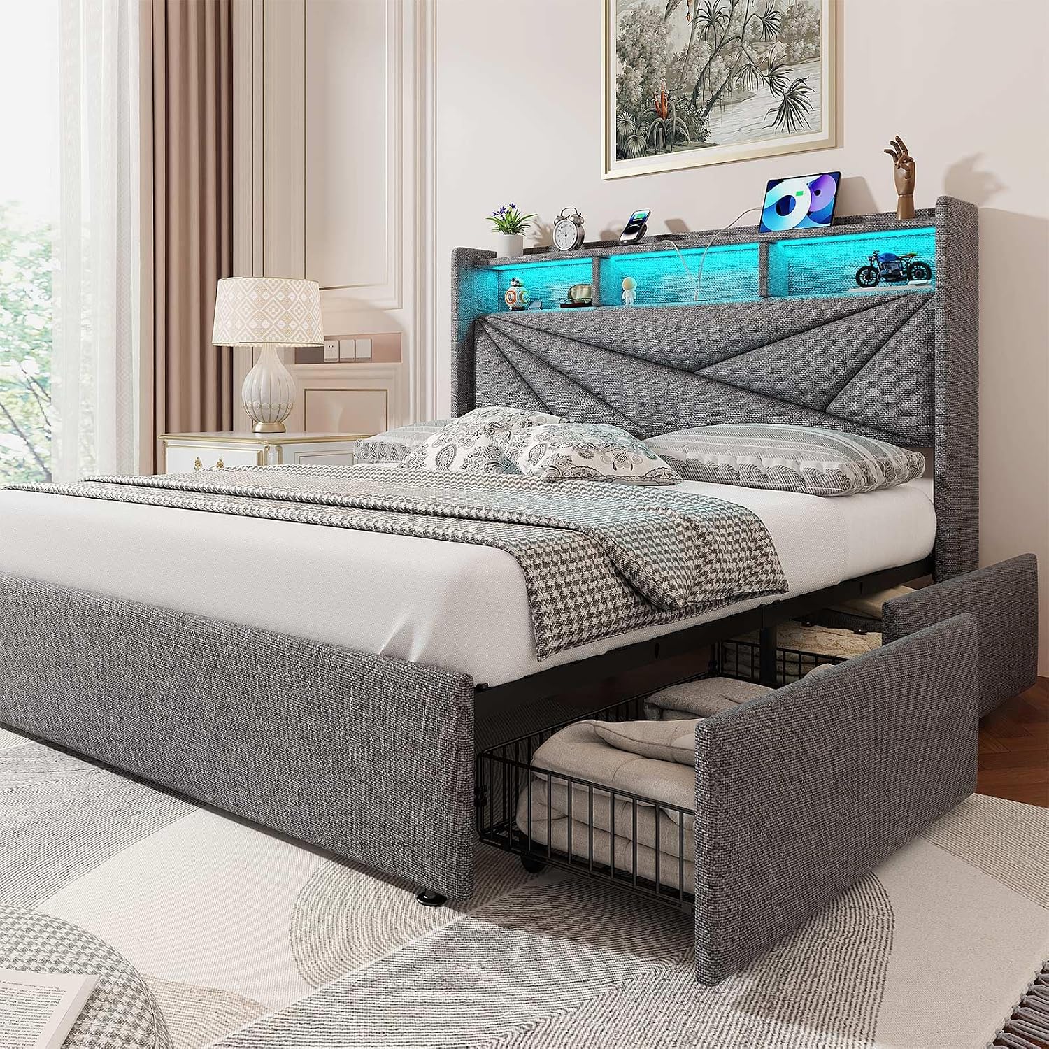 Driftalia LED Queen Bed Frame with 4 Storage Drawers, Upholstered Bed Frame Queen Size with 2-Tier Headboard and Charging Station, No Box Spring Needed, Easy to Assembly - Light Grey