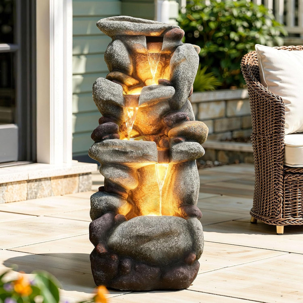 Utym 40' H Oversized Rock Outdoor Fountain with Warm LED Lights, 3-Tier Extra-Large Stacked River Pebbles Waterfall, Weather-Resistant Resin Feature for Garden Patio Yard