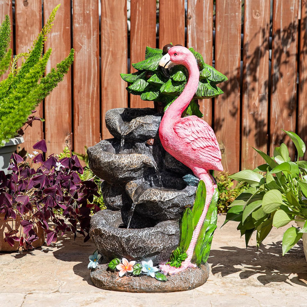 Glitzhome Outdoor Water Fountain, 4-Tiered Flamingo Outdoor Fountain with Lights, 23.5' H Polyresin Decorative Waterfall Feature Garden Fountain with Pump for Garden, Patio, Yard, Deck, Porch Decor