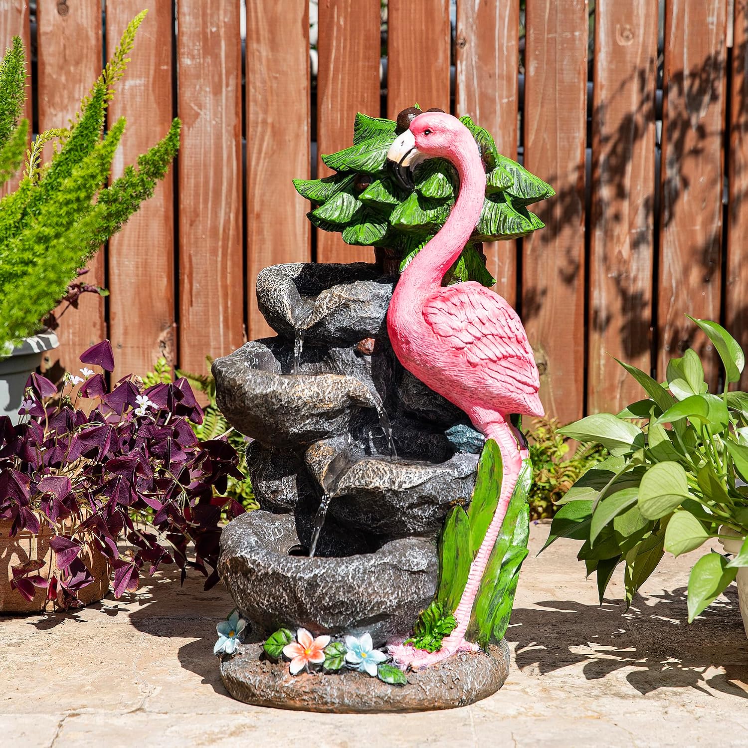 Glitzhome Outdoor Water Fountain, 4-Tiered Flamingo Outdoor Fountain with Lights, 23.5' H Polyresin Decorative Waterfall Feature Garden Fountain with Pump for Garden, Patio, Yard, Deck, Porch Decor