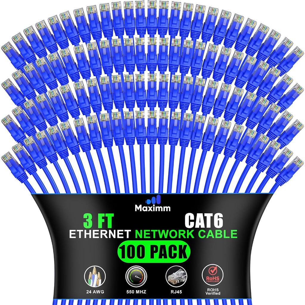 Maximm Cat 6 Ethernet Cable 3 ft (100-Pack) - High-Speed LAN Cable, Internet Cable, Patch Cable, and Network Cable - UTP, 10Gbps, 550MHz Ethernet Cord - Blue