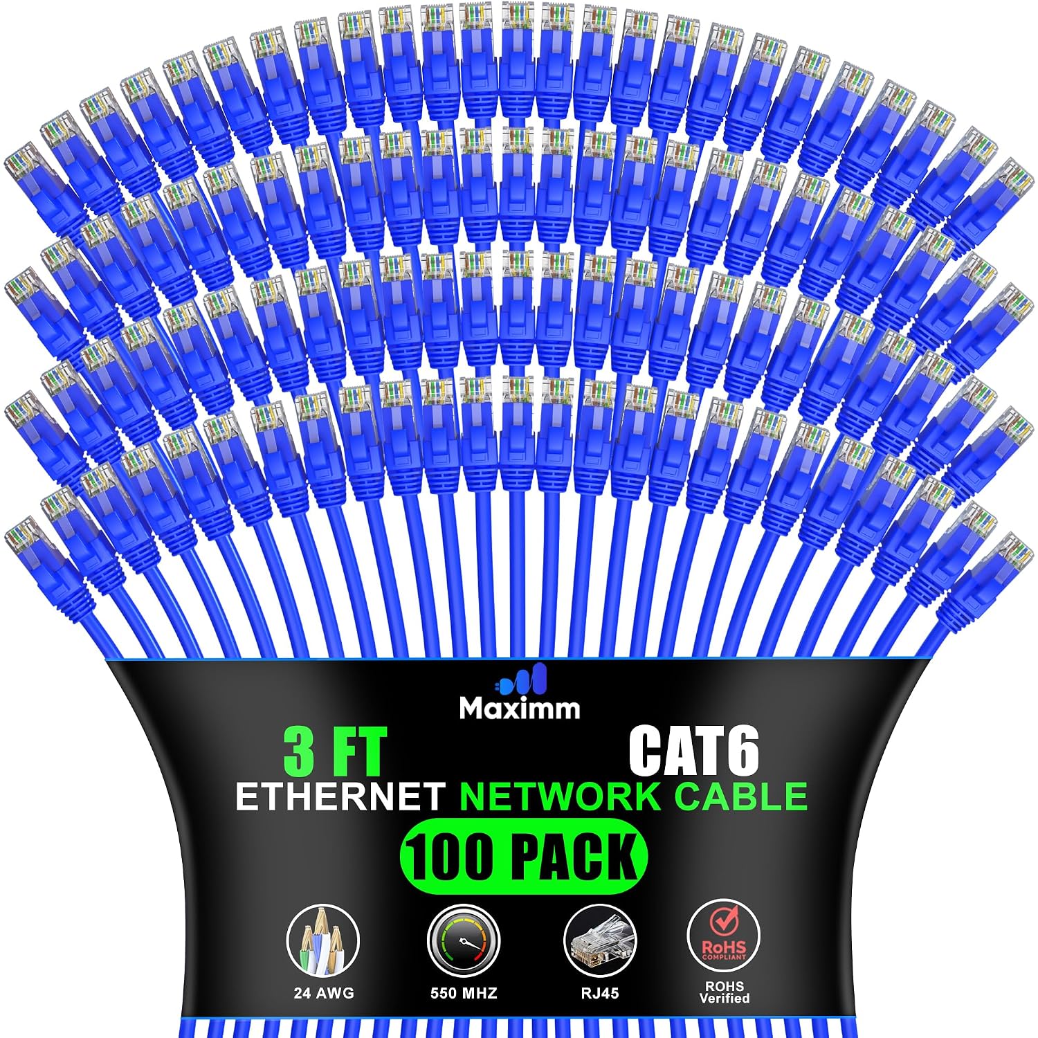 Maximm Cat 6 Ethernet Cable 3 ft (100-Pack) - High-Speed LAN Cable, Internet Cable, Patch Cable, and Network Cable - UTP, 10Gbps, 550MHz Ethernet Cord - Blue