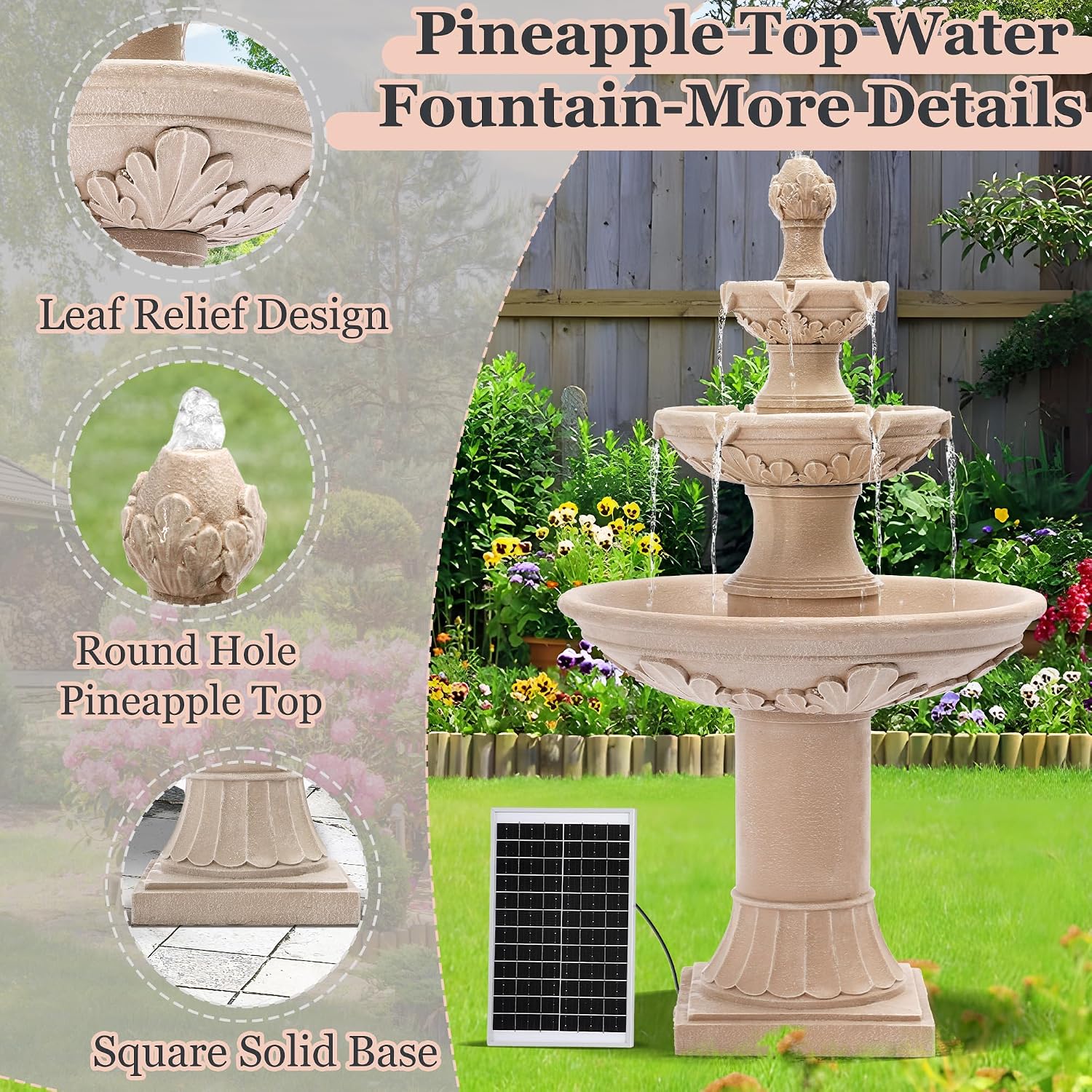 MAGIC UNION Outdoor Solar Water Fountains, 48.4''H Italian Style Garden Fountains and Waterfalls Outside, 3-Tier Large Bubbler Cascading Water Fountain with Pump and Solar Panel for Home Yard Decor