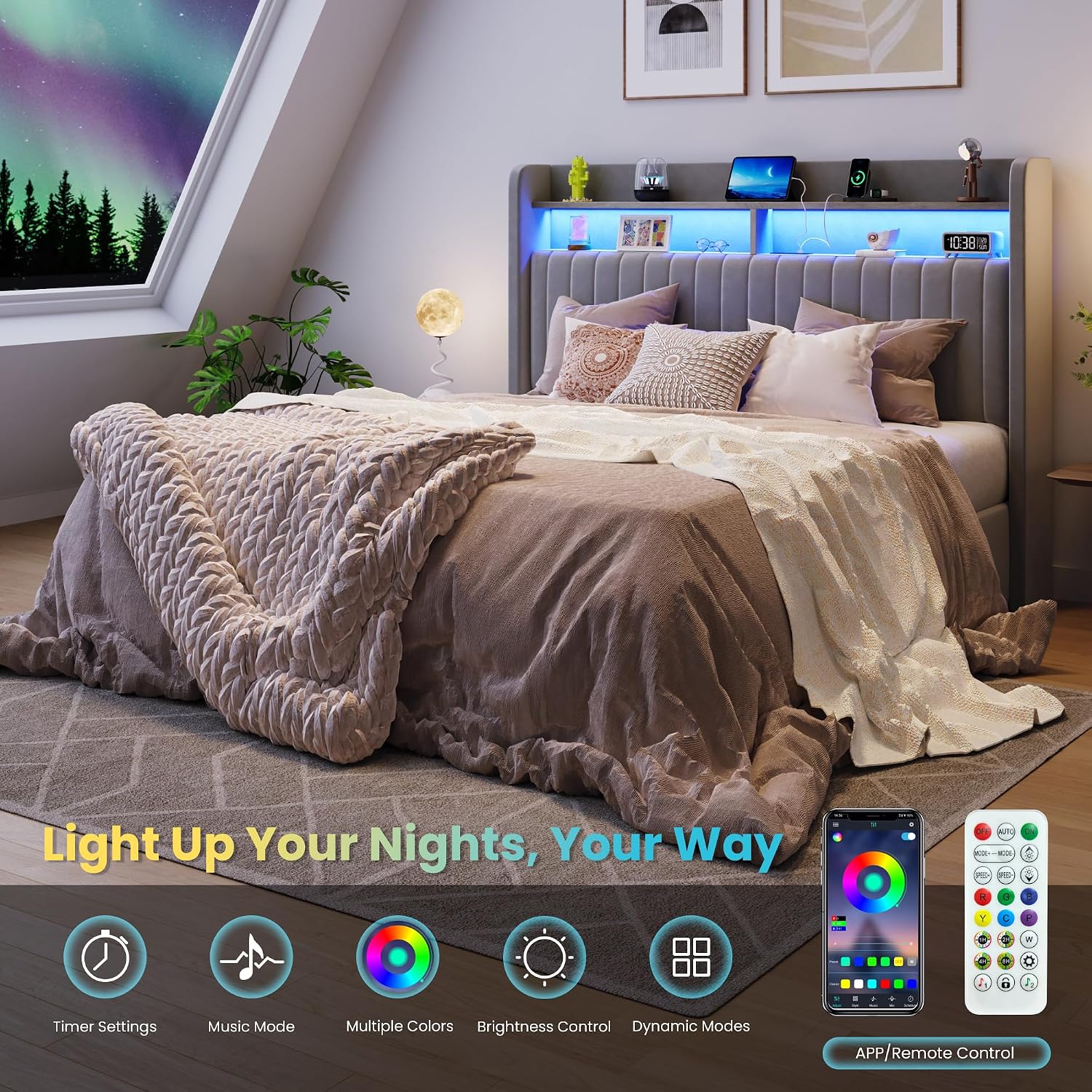 SHA CERLIN Queen Size Lift Up Storage Bed Frame/LED Lights/Charging Station/2-Tier Shelves Headboard/USB,Type-C Ports/Velvet Upholstered/Hydraulic Support/No Box Spring Needed/Noise Free/Gray