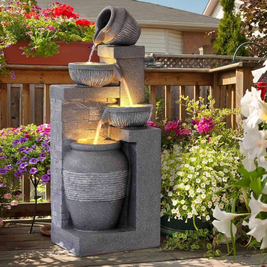 4-Tier Outdoor Indoor Water Feature Fountain, 32' H Indoor Cascading Waterfall with 3 LED Lights, Floor Standing Garden Fountain for Garden, Deck, Backyard, Patio, Yard (Grey)