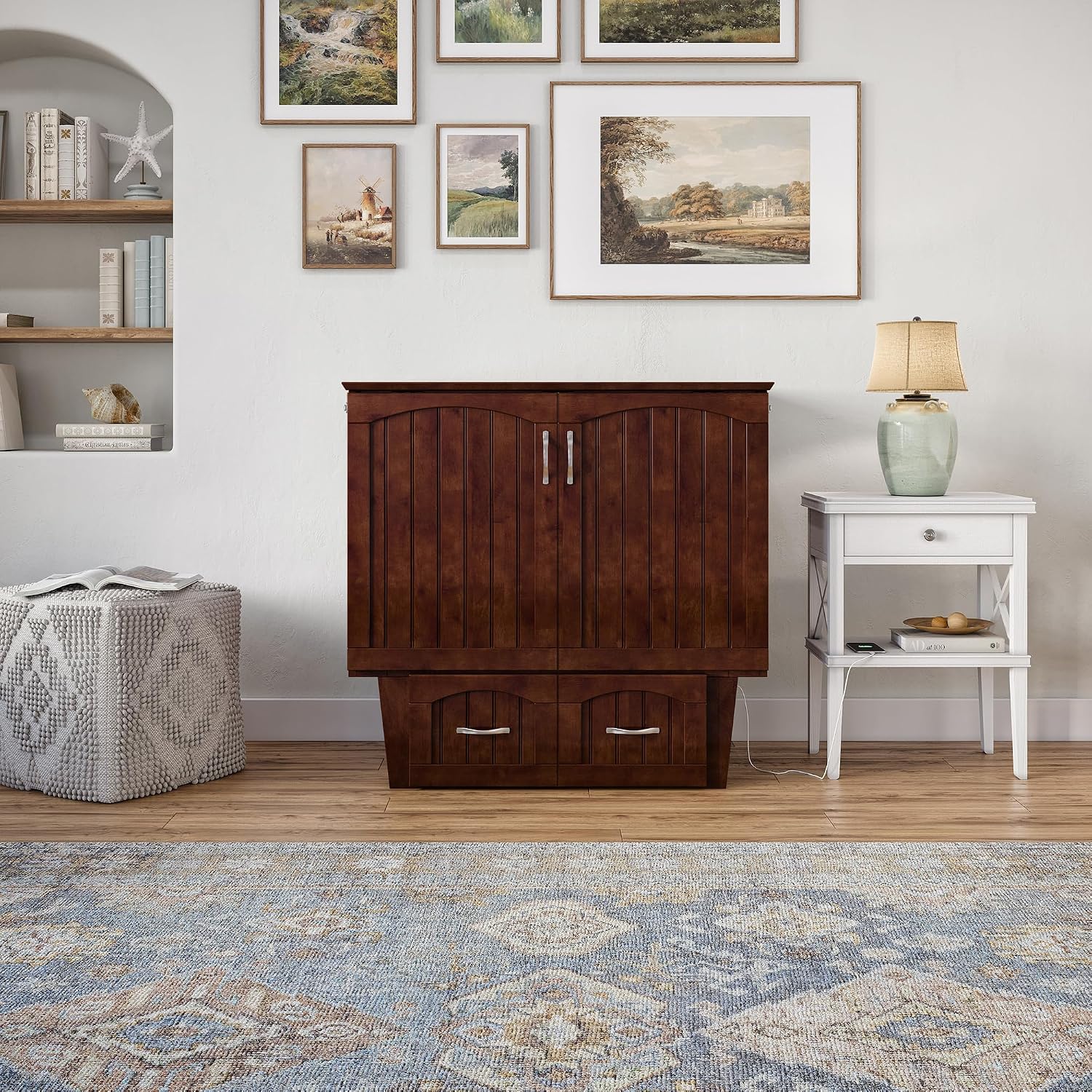 AFI, Nantucket Twin Murphy Bed Chest with Mattress, Storage Drawer, and Built-in USB Charger, Walnut