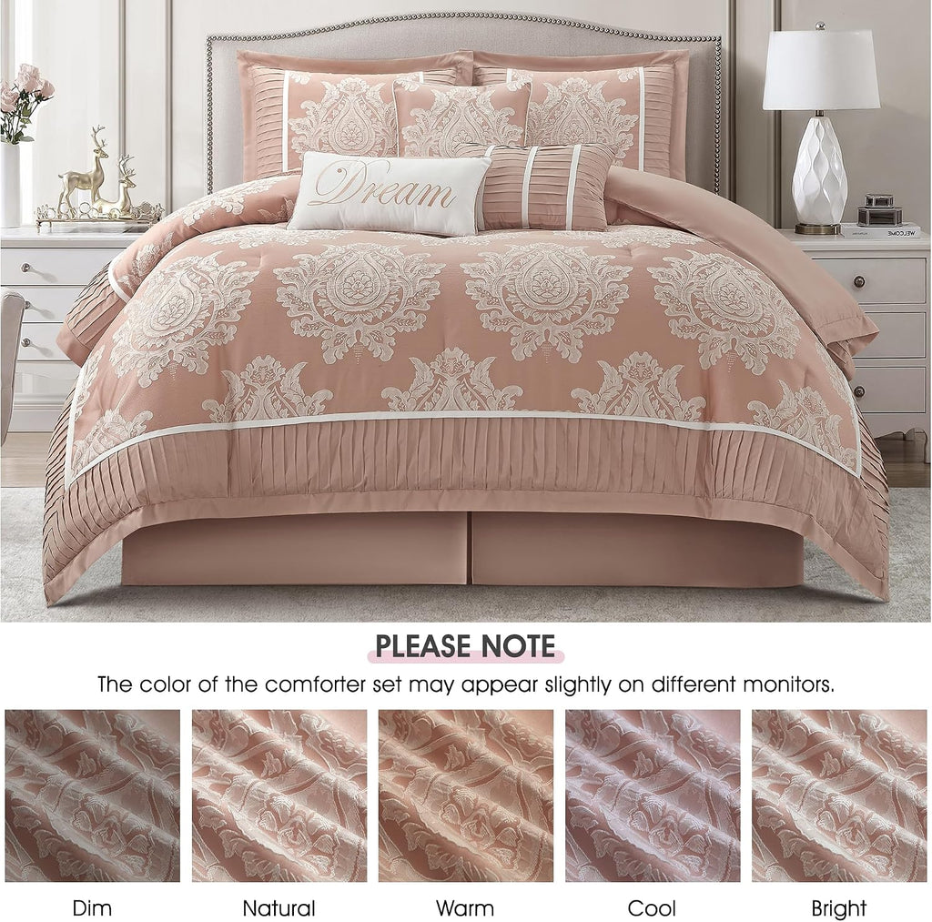 LANCO MODERN LIFESTYLE Blush Queen Comforter Set 7 Pieces, Jacquard Woven with Damask, Bedding Set in a Bag Includes Comforter, Bed Skirt, Pillow Shams, and Decorative Pillows