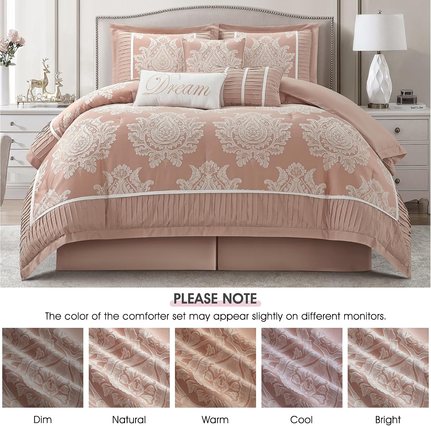 LANCO MODERN LIFESTYLE Blush Queen Comforter Set 7 Pieces, Jacquard Woven with Damask, Bedding Set in a Bag Includes Comforter, Bed Skirt, Pillow Shams, and Decorative Pillows