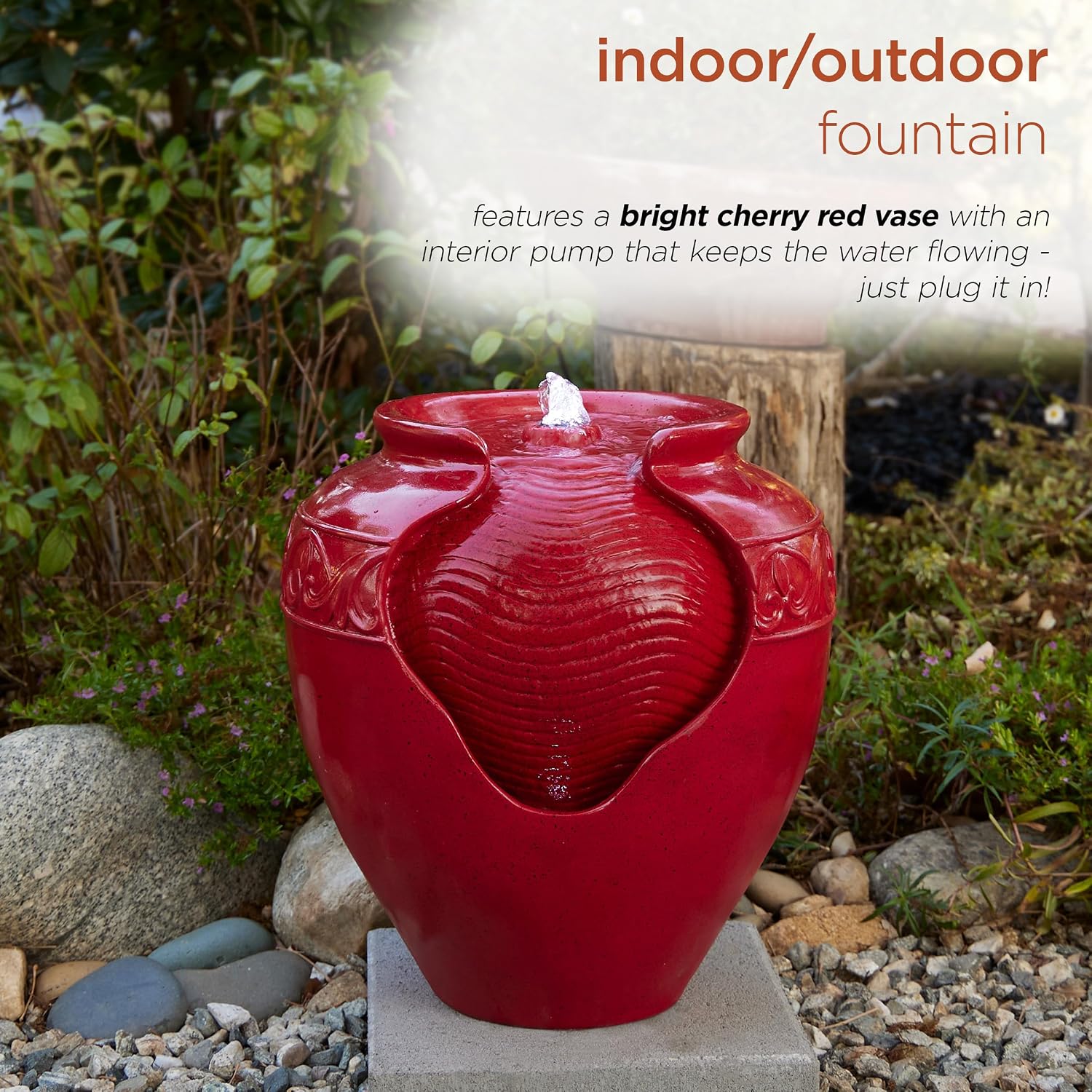Alpine Corporation TVH214RD Indoor/Outdoor Tabletop Cherry Vase Water Fountain, Vintage Bright Vase Garden Fountain 17', Red