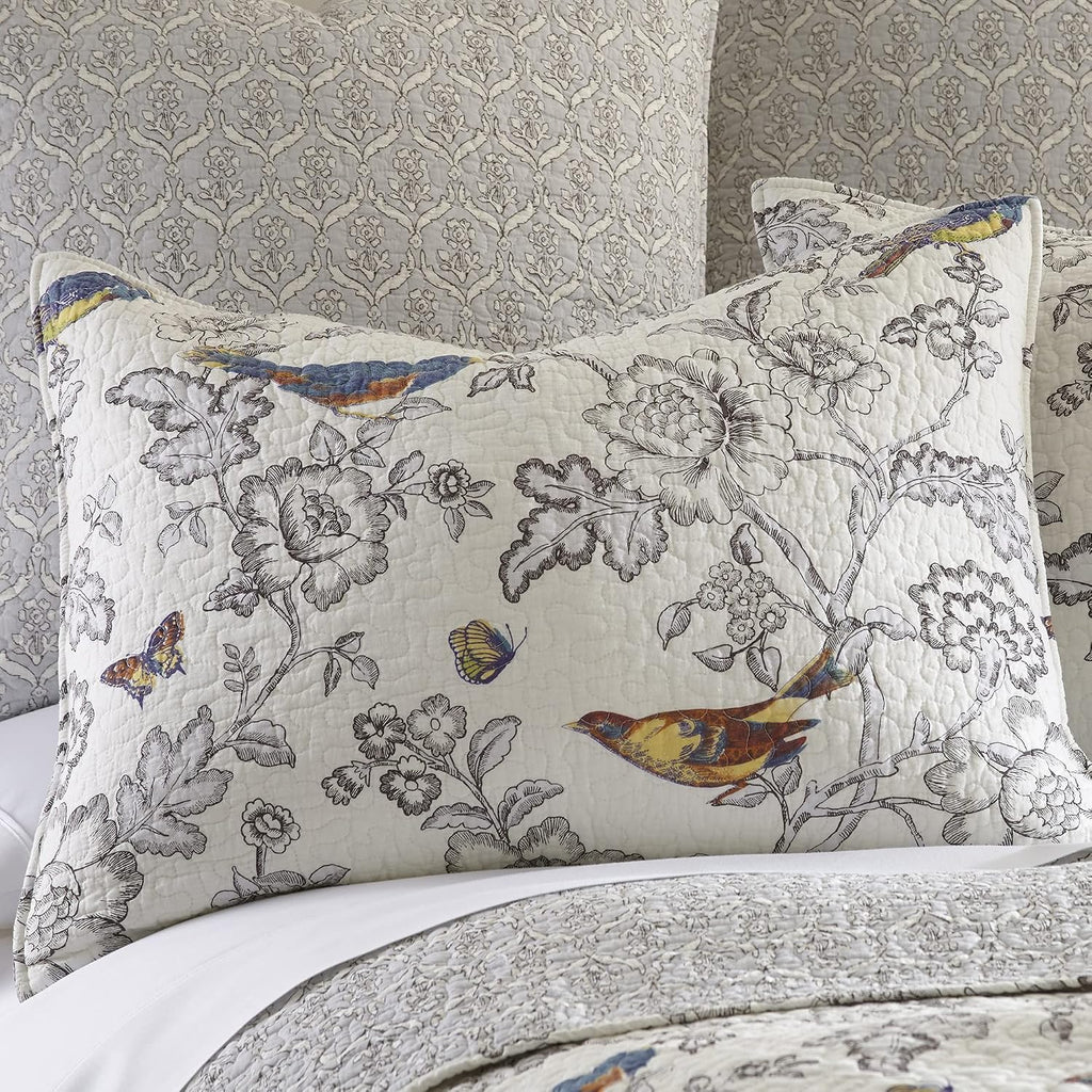 Levtex Home - Mockingbird Quilt Set - King/Cal King Quilt 106x92in. + Two King Pillow Shams 36x20in. - Grey Toile with Birds and Butterflies - Reversible Pattern - Cotton