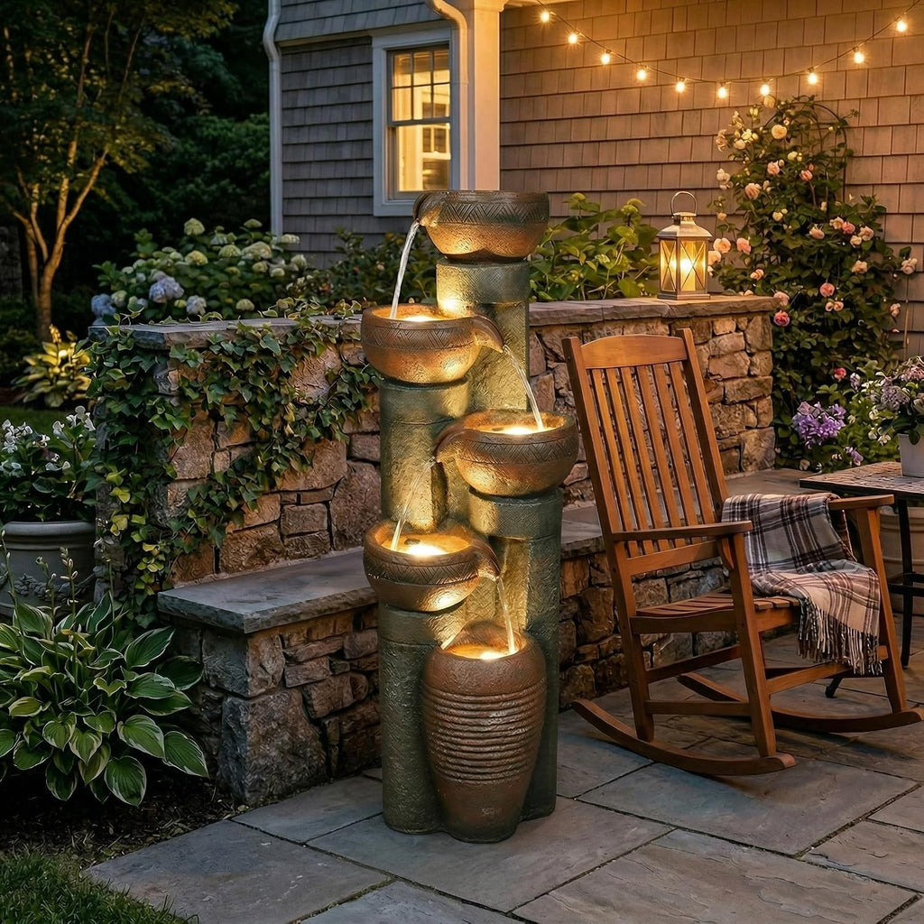Hamiedun 5 -Tier Water Fountain Outdoor Decor, Large Waterfalls Fountains for Outsides with LED Lights, Indoor and Outdoor Fountain for Garden, Patio, Deck, Porch, Backyard and Home Art Decor