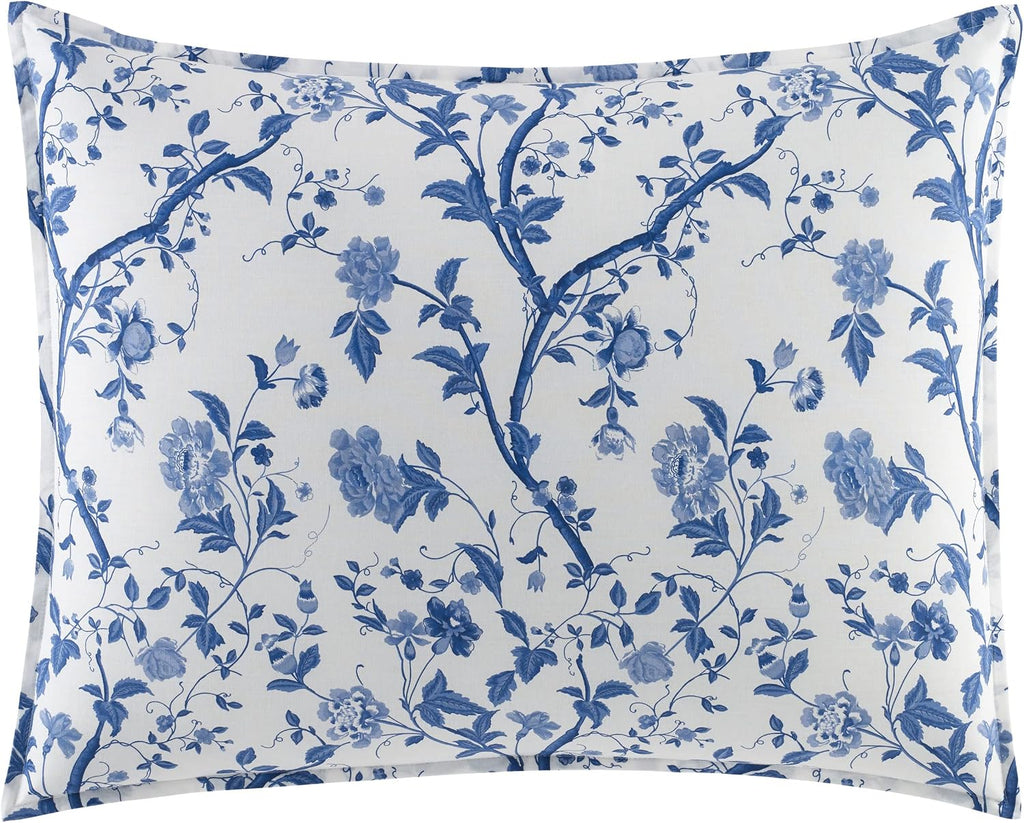 Laura Ashley Home - Twin Comforter Set, Reversible Cotton Bedding, Includes Matching Sham with Bonus Euro Sham & Throw Pillows (Elise Blue, Twin)