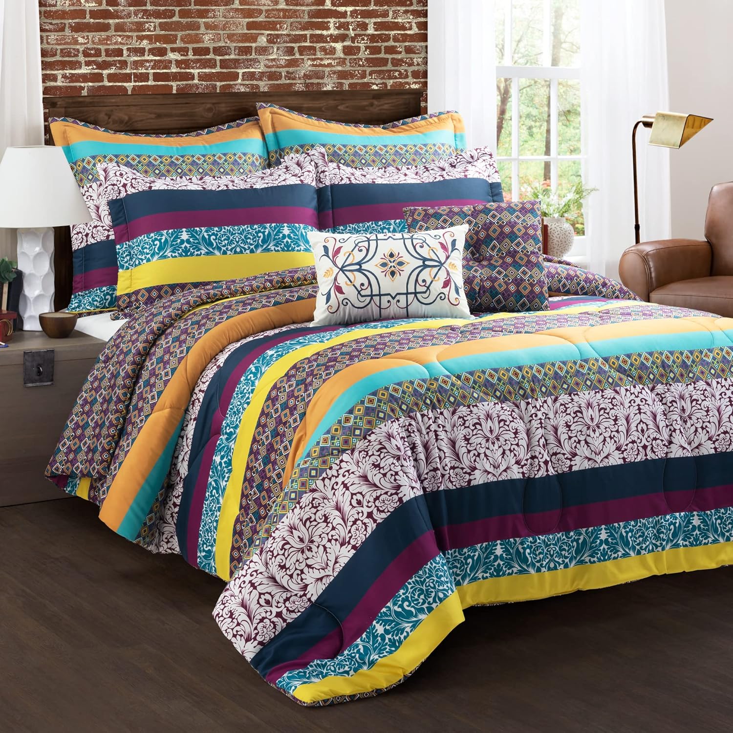 Lush Decor Boho Stripe Oversized Reversible 7 Piece Comforter Set, Full/Queen, Plum & Yellow