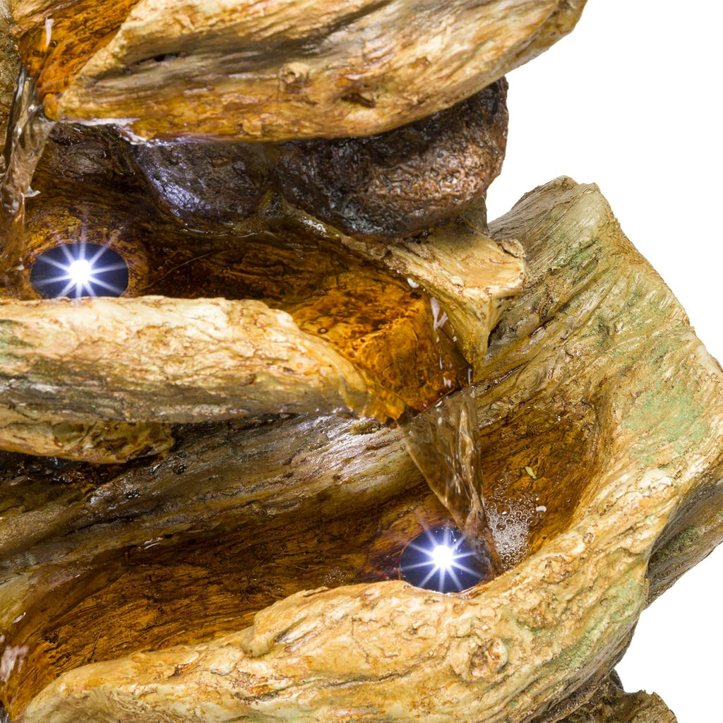 Alpine Corporation TZL226 Outdoor 4 Tier Log Tree Trunk Waterfall Floor Fountain with LED Lights, Tiered Garden Décor, 24' H, Brown