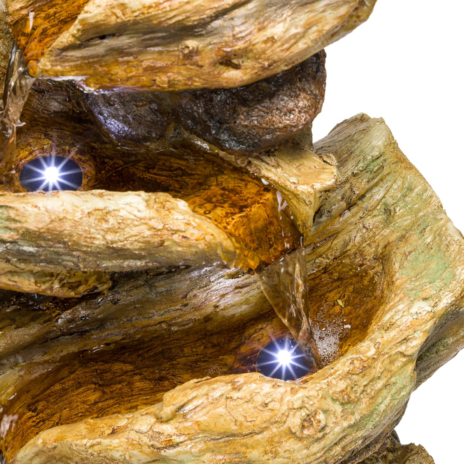 Alpine Corporation TZL226 Outdoor 4 Tier Log Tree Trunk Waterfall Floor Fountain with LED Lights, Tiered Garden Décor, 24' H, Brown
