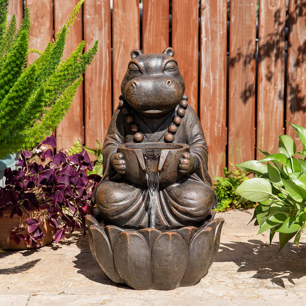 Glitzhome Water Fountain Outdoor, Outdoor Fountain with Lights, Zen-Style Water Fountain with Pump, 22' H 2-Tiered Bronze Hippo Polyresin Water Feature for Home Patio Garden Backyard Decor