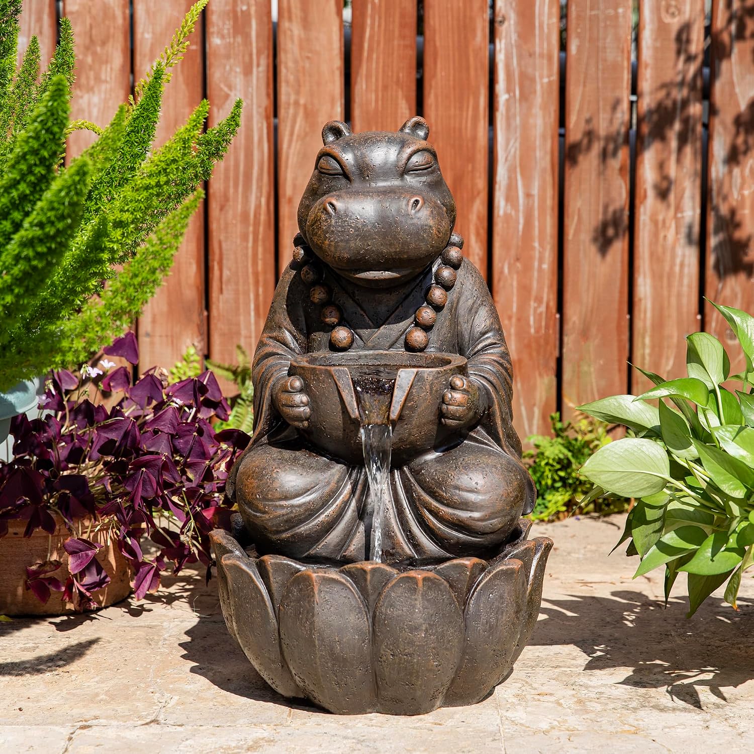 Glitzhome Water Fountain Outdoor, Outdoor Fountain with Lights, Zen-Style Water Fountain with Pump, 22' H 2-Tiered Bronze Hippo Polyresin Water Feature for Home Patio Garden Backyard Decor