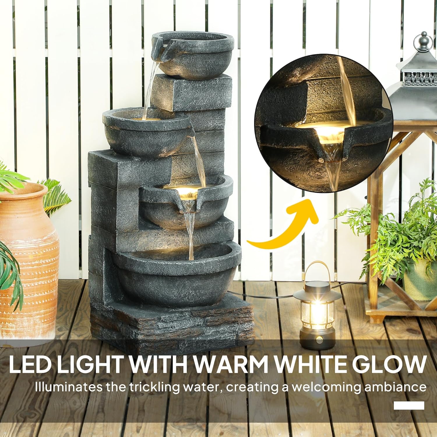 Outsunny 30' Tall Outdoor Waterfall Fountain with LED Lights, 4-Tier Resin Cascading Water Bowls with Pump, Gray