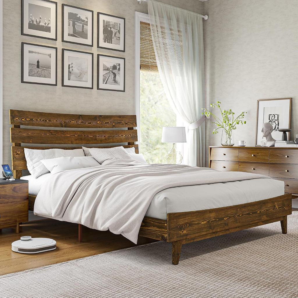VanAcc Queen Size Solid Wood Bed Frame, Mid Century Platform Bed with Slatted Headboard, Wood Slat Support/No Box Spring Needed/Noise Free/Caramel