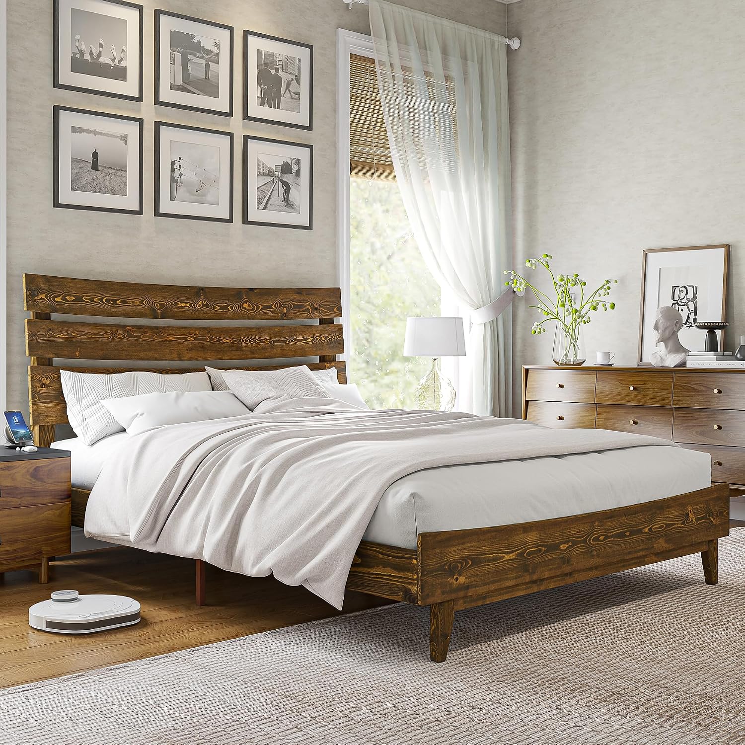VanAcc Queen Size Solid Wood Bed Frame, Mid Century Platform Bed with Slatted Headboard, Wood Slat Support/No Box Spring Needed/Noise Free/Caramel