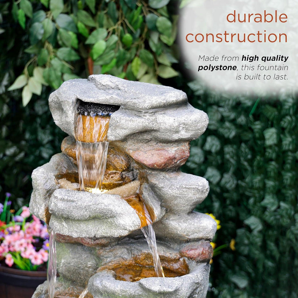 Alpine Corporation 39' Tall Outdoor Mult-itiered Elegant Rock Look Waterfalls Floor Fountain with LED Lights, Gray